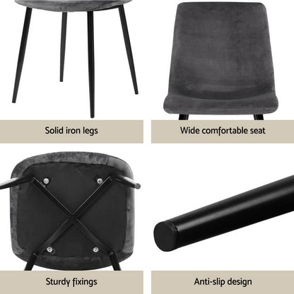Marion Fallon | Modern Dark Grey Velvet Industrial Natural 4 Seater Dining Table Set | Dark Grey