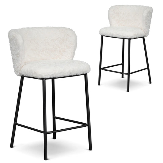 Marli | Modern Metal White Rabbit Fabric Bar Stools | Set Of 2 | White rabbit