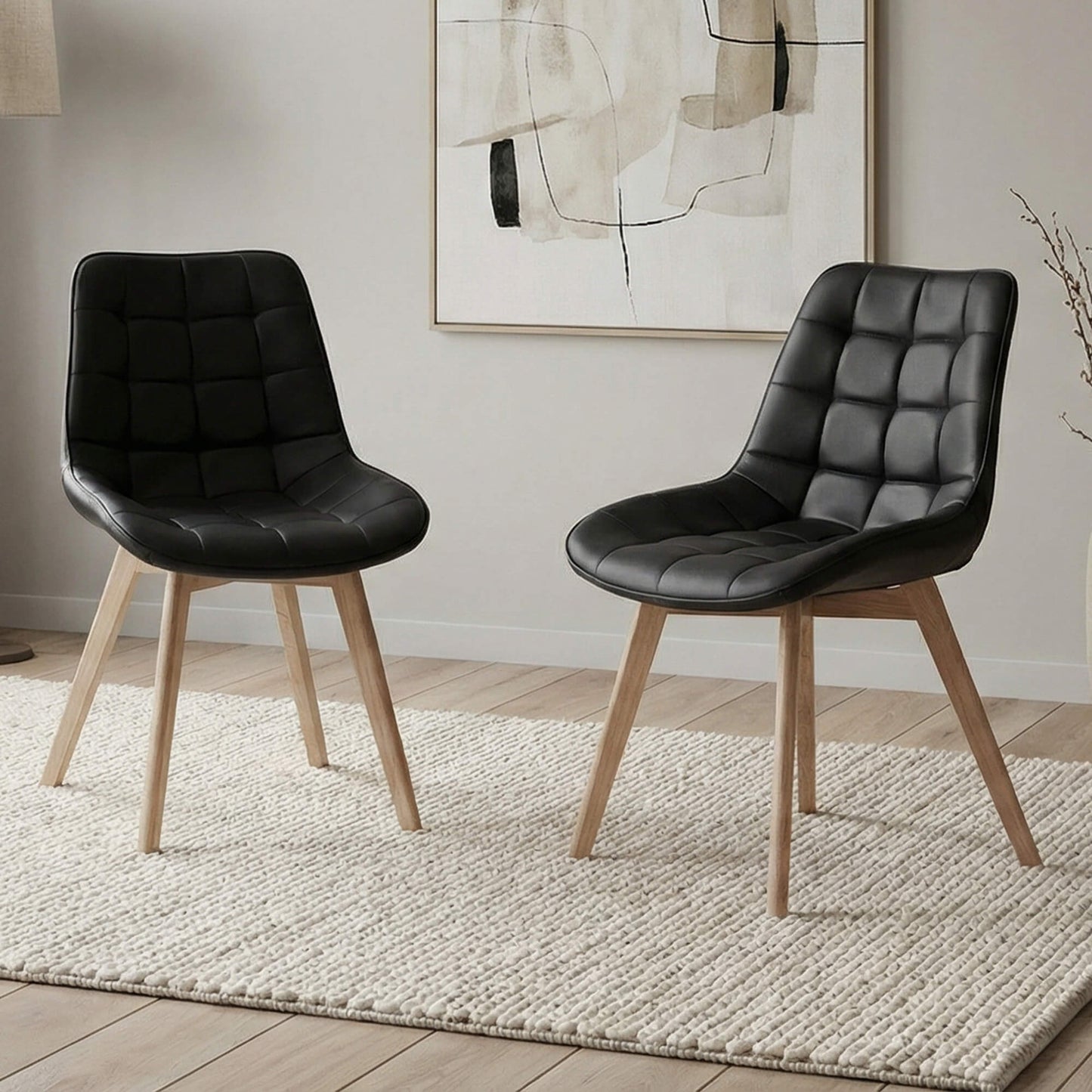 Maverick | Modern PU Leather Fabric Natural Wooden Dining Chairs | Set Of 2 | Black