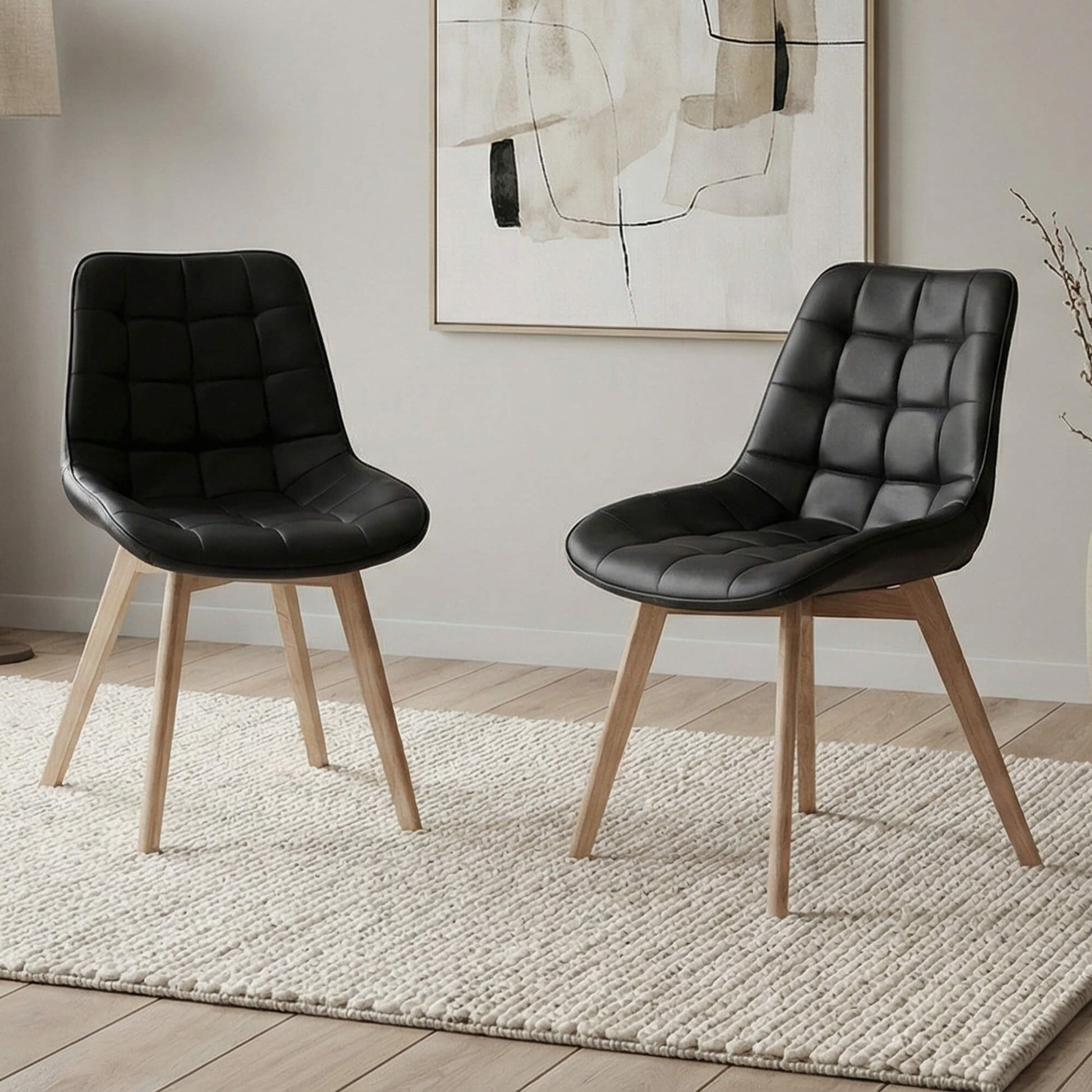 Maverick | Modern PU Leather Fabric Natural Wooden Dining Chairs | Set Of 2 | Black