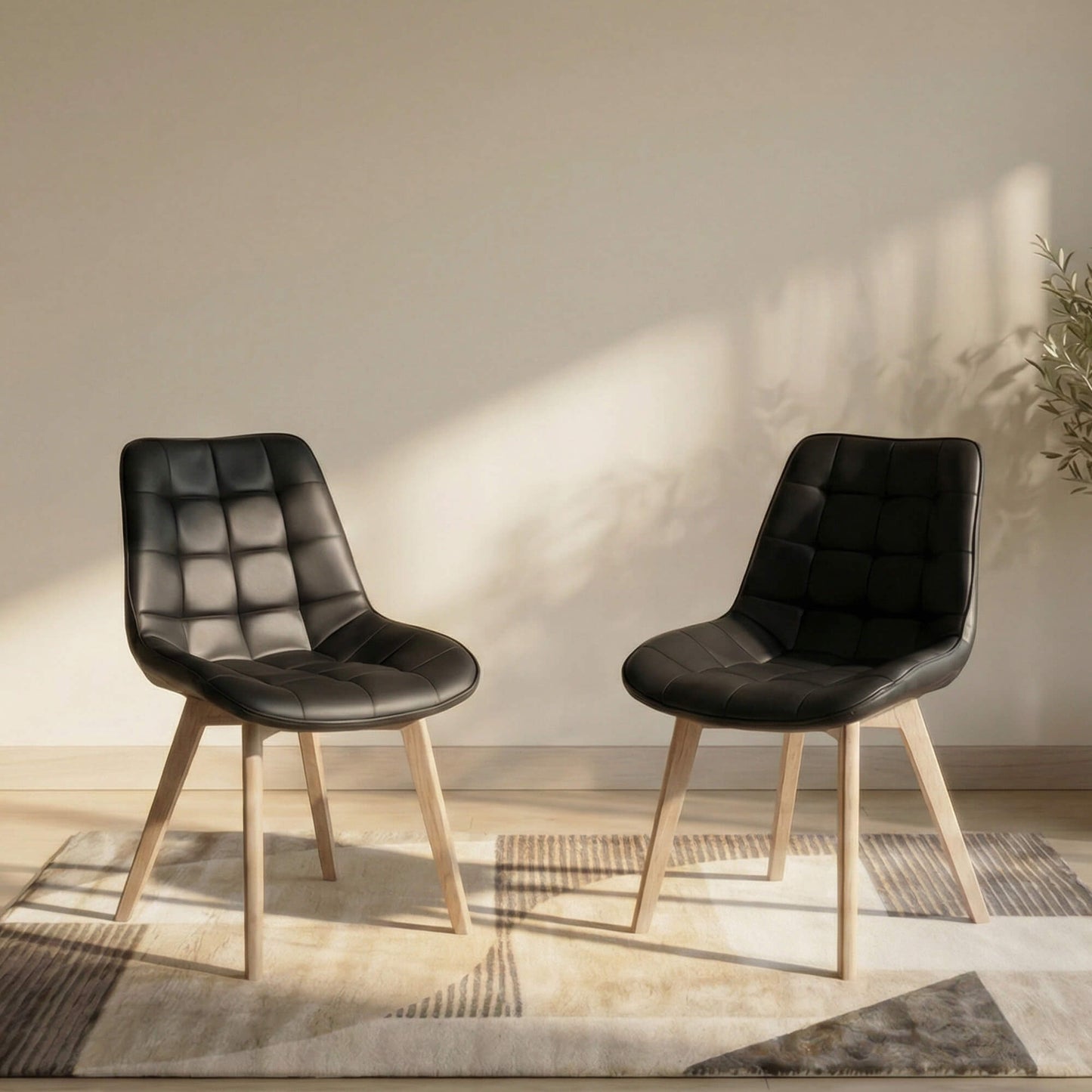 Maverick | Modern PU Leather Fabric Natural Wooden Dining Chairs | Set Of 2 | Black