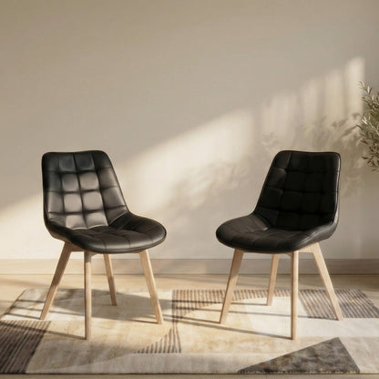Maverick | Modern PU Leather Fabric Natural Wooden Dining Chairs | Set Of 2 | Black