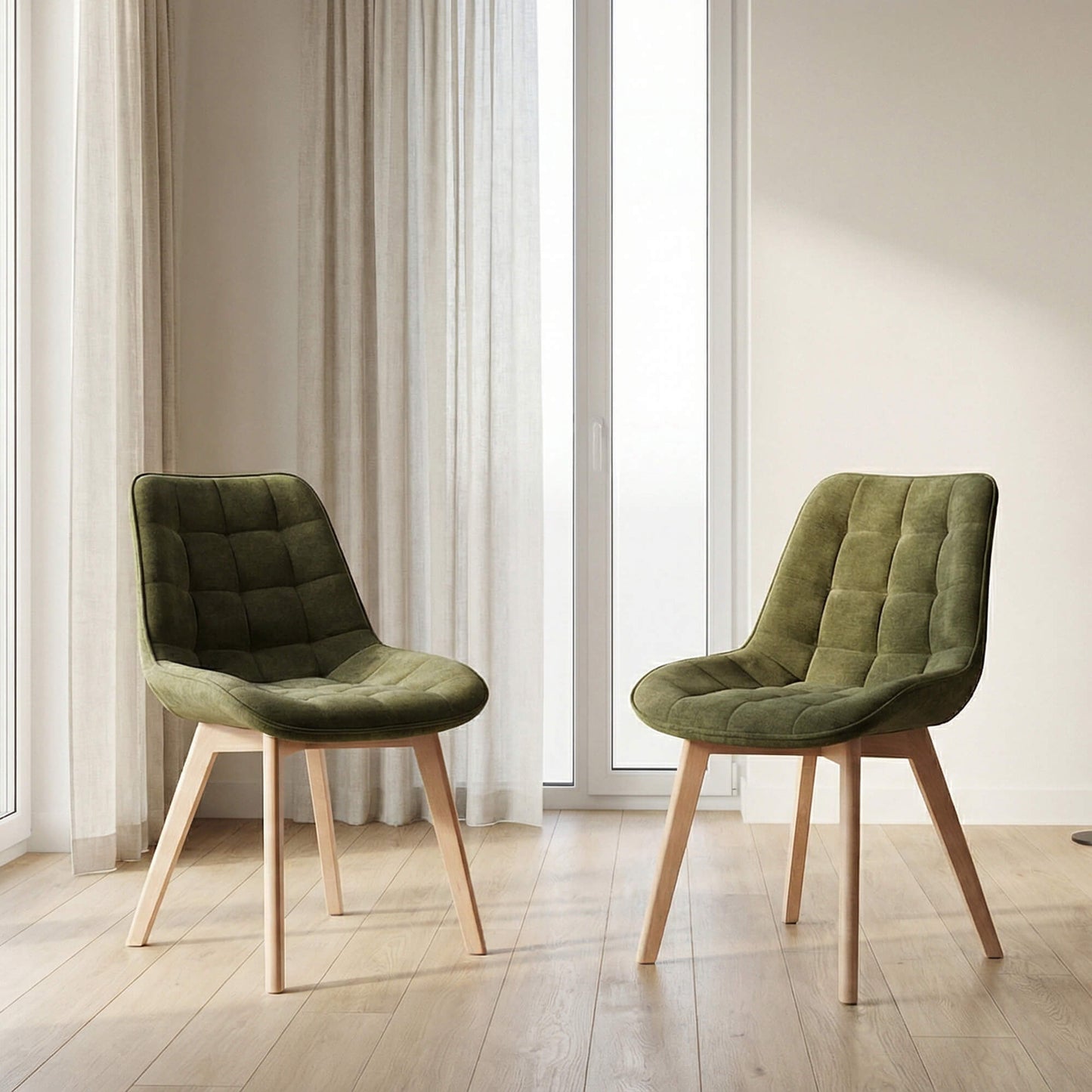 Maverick | Modern PU Leather Fabric Natural Wooden Dining Chairs | Set Of 2 | Green