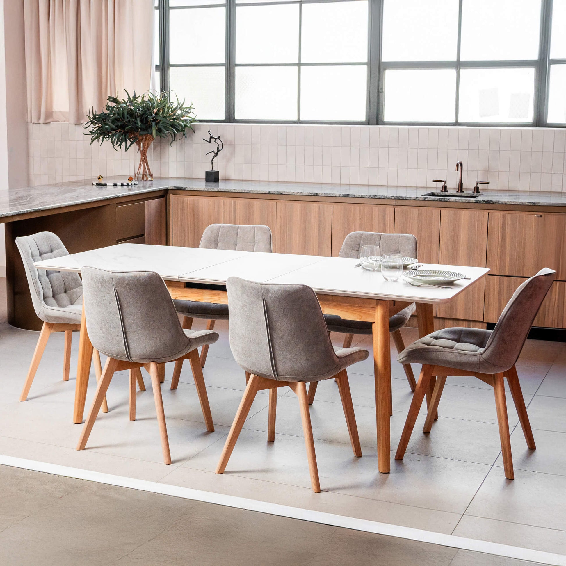 Maverick | Modern PU Leather Fabric Natural Wooden Dining Chairs | Set Of 2 | Light Grey