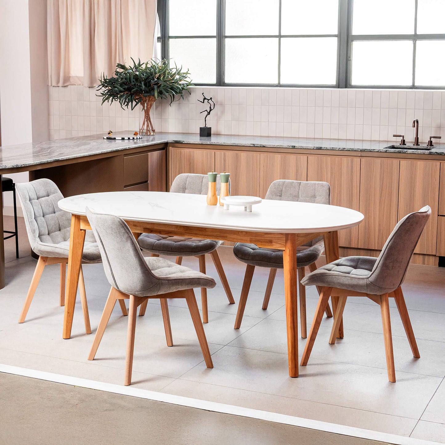 Maverick | Modern PU Leather Fabric Natural Wooden Dining Chairs | Set Of 2 | Light Grey