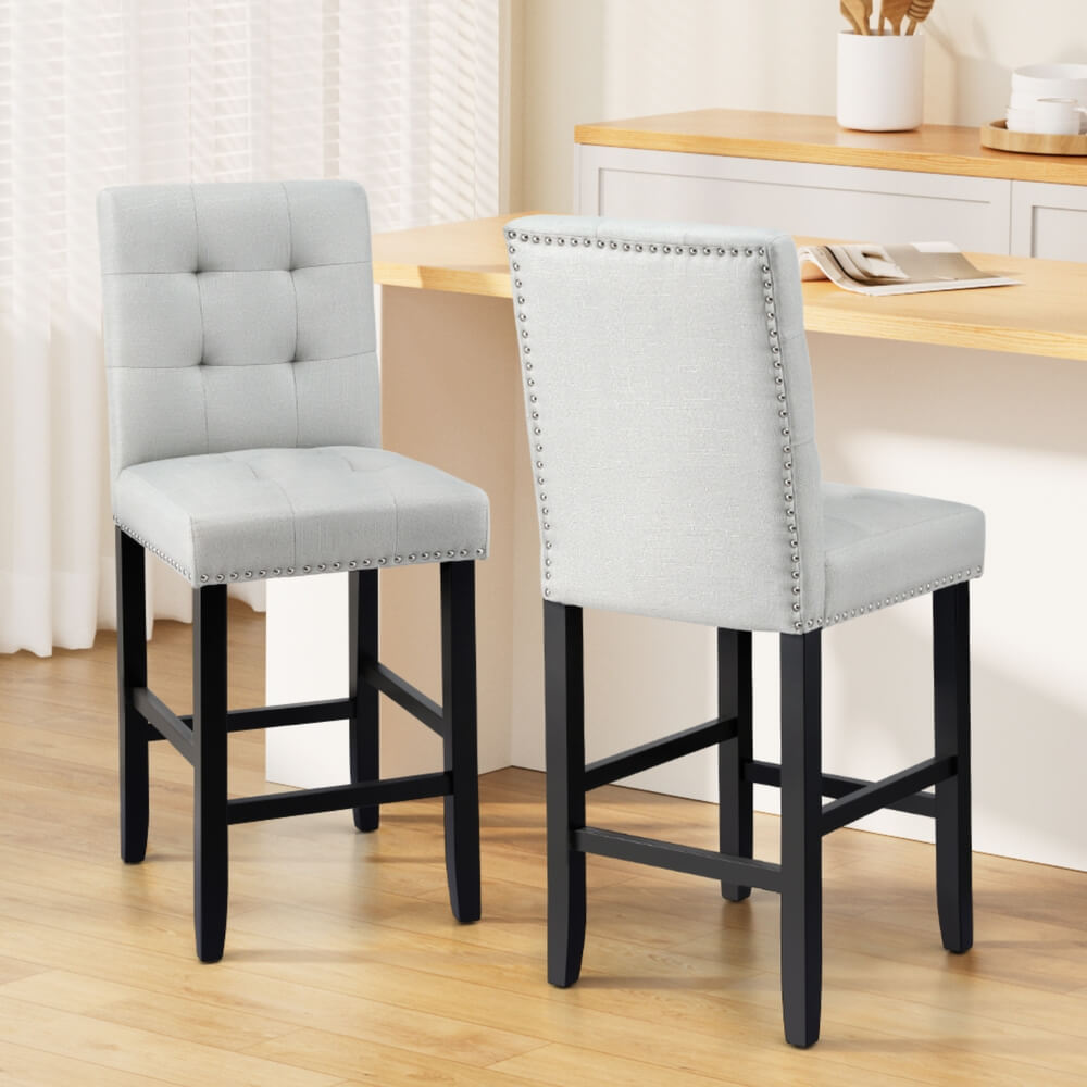 Midtown | Grey Fabric Brown PU Leather Counter Wooden Bar Stools | Set Of 2 | Grey