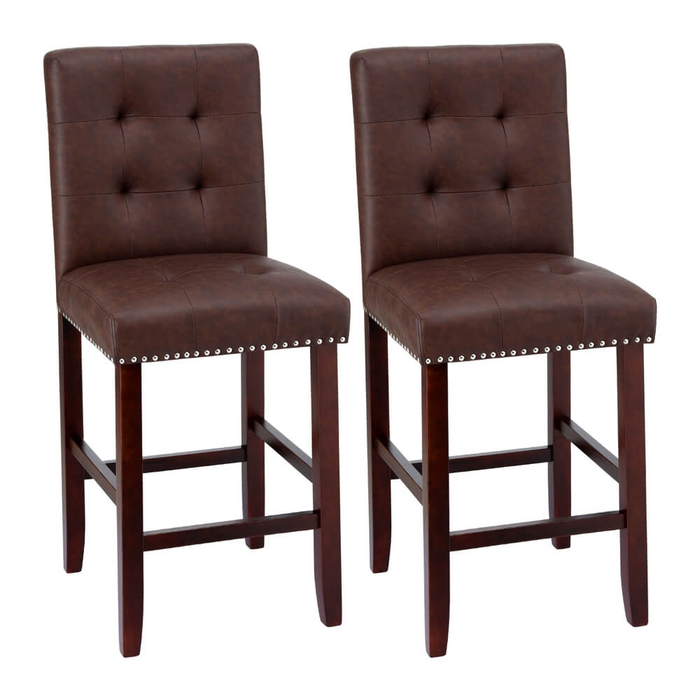 Midtown | Grey Fabric Brown PU Leather Counter Wooden Bar Stools | Set Of 2 | Brown