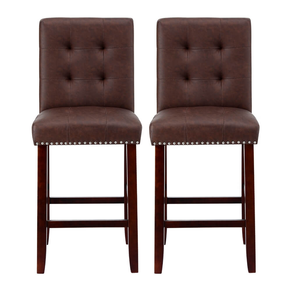 Midtown | Grey Fabric Brown PU Leather Counter Wooden Bar Stools | Set Of 2 | Brown