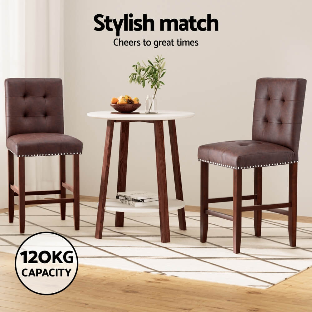 Midtown | Grey Fabric Brown PU Leather Counter Wooden Bar Stools | Set Of 2 | Brown