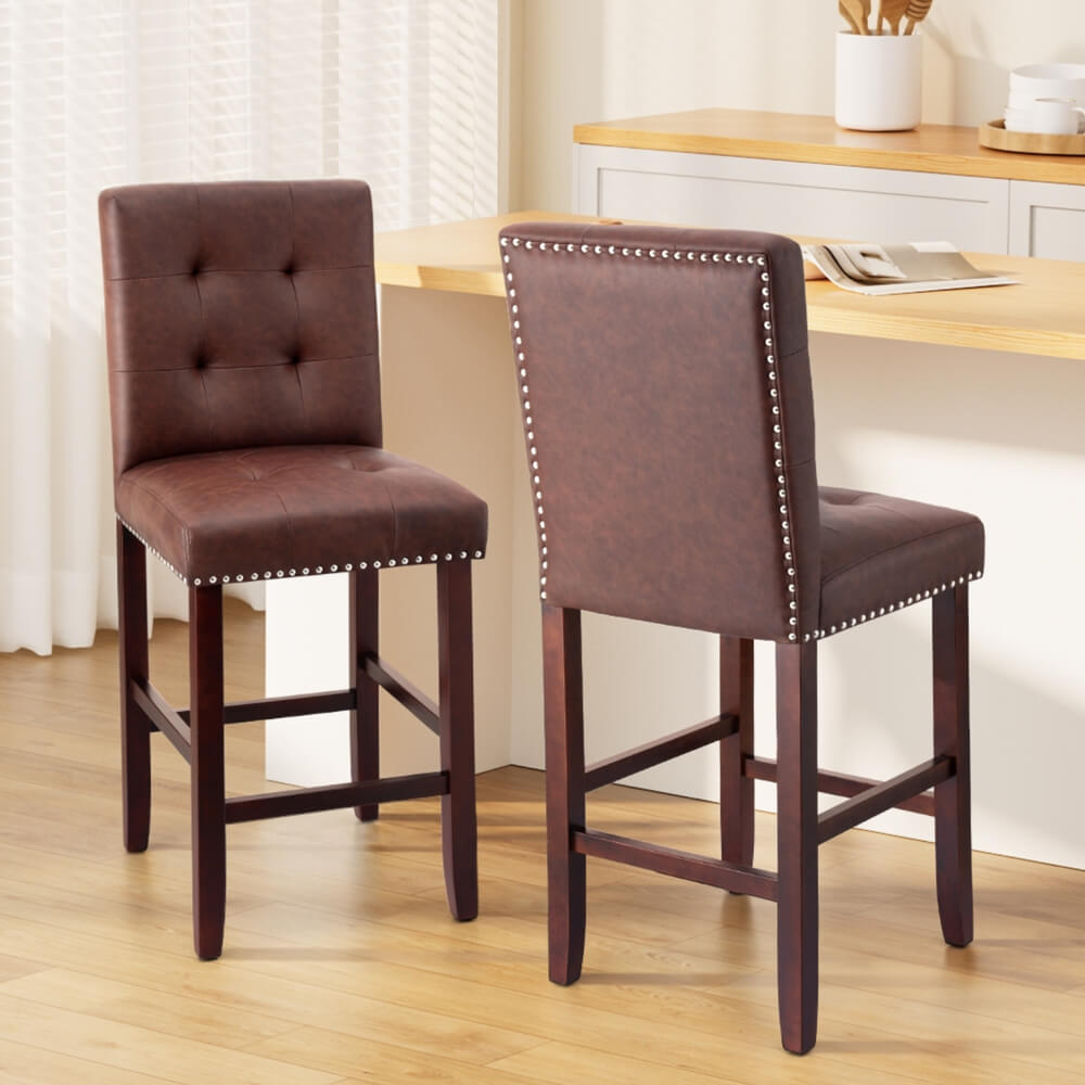 Midtown | Grey Fabric Brown PU Leather Counter Wooden Bar Stools | Set Of 2 | Brown
