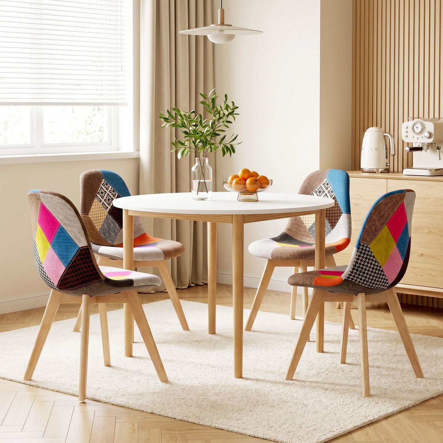 Minerva Cobberas | Multi Colour Fabric Modern White Wooden Round Dining Table Set | White