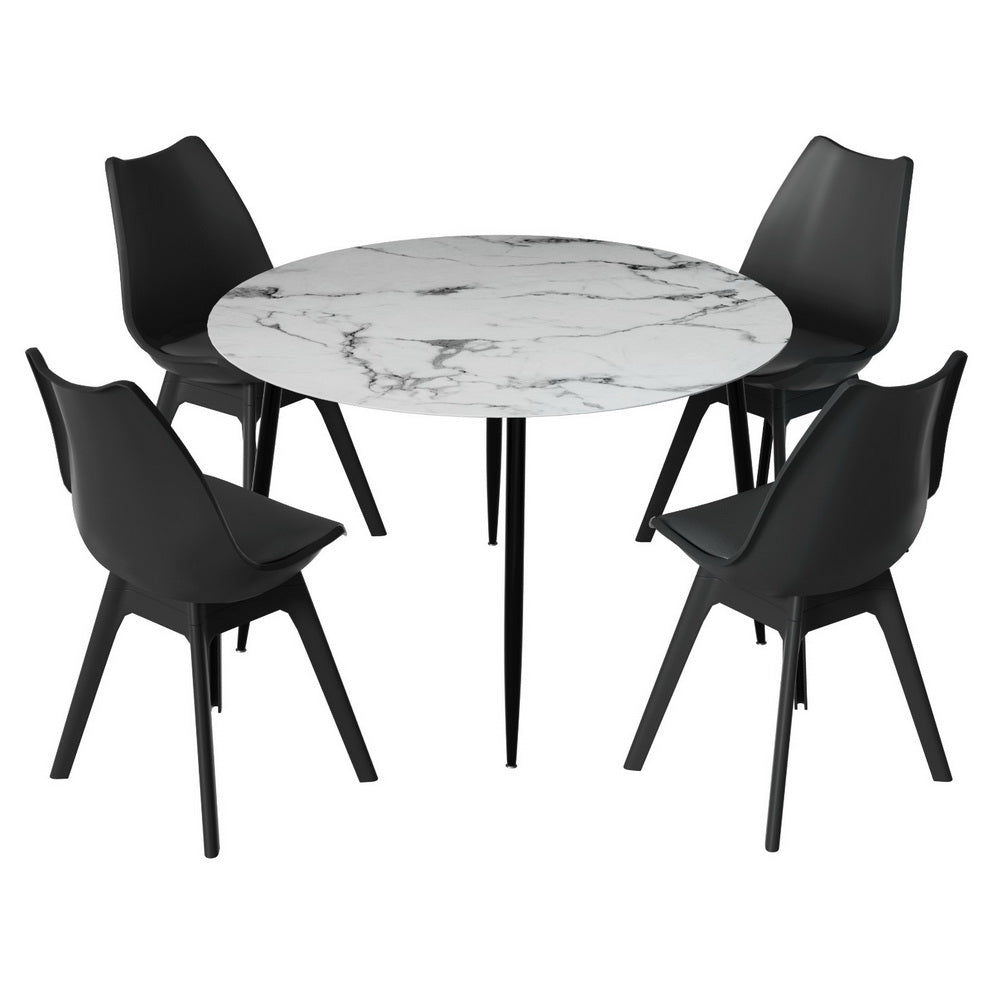 Minerva Waldorf | Modern Metal Black PU Leather Marble Finish 4 Seater Dining Table Set | Black