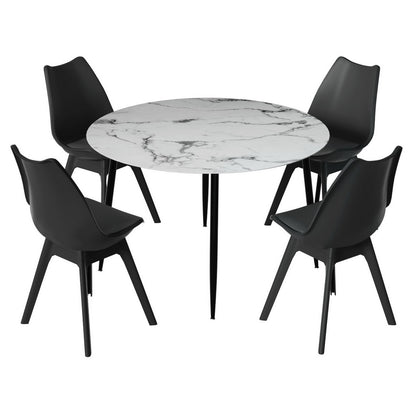 Minerva Waldorf | Modern Metal Black PU Leather Marble Finish 4 Seater Dining Table Set | Black