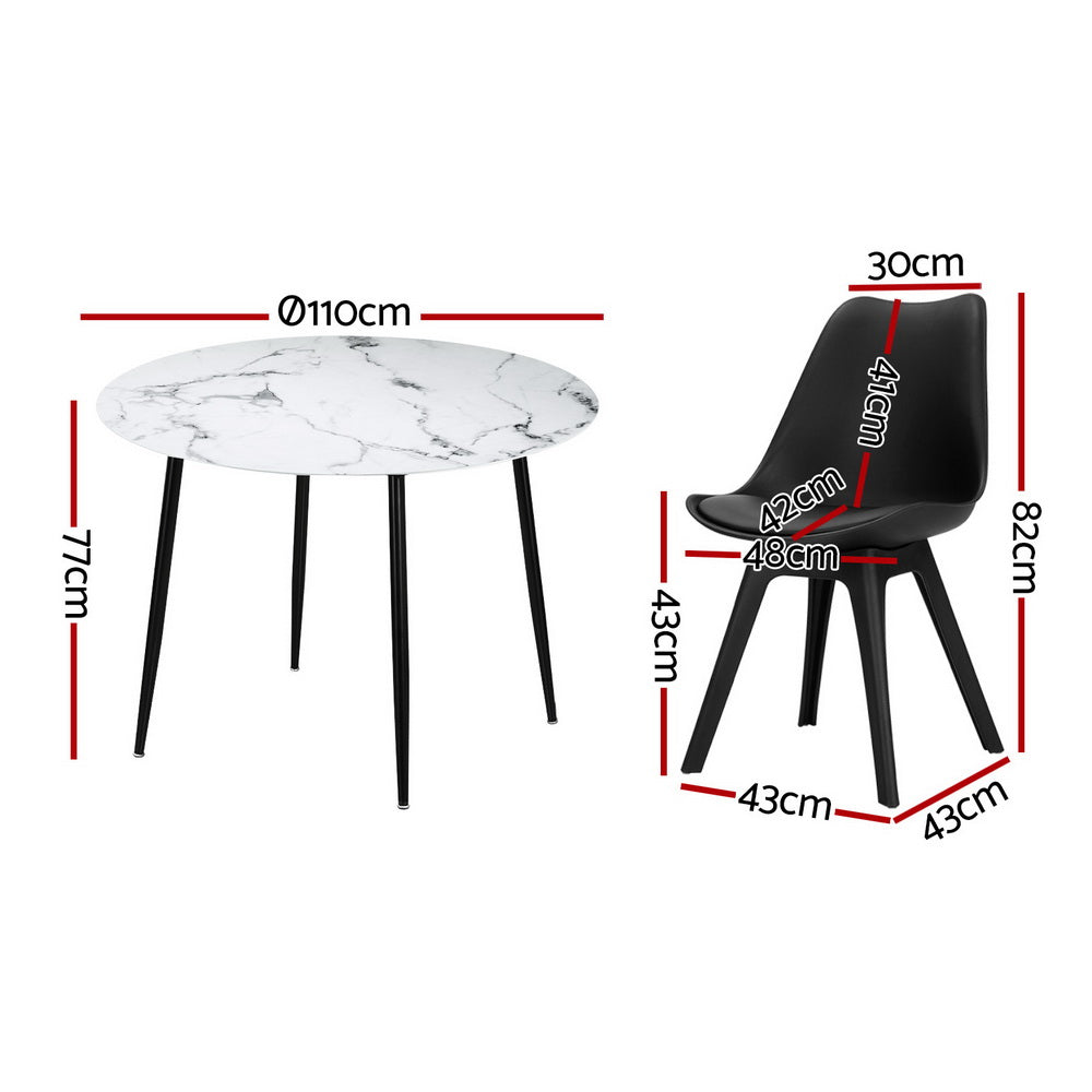 Minerva Waldorf | Modern Metal Black PU Leather Marble Finish 4 Seater Dining Table Set | Black