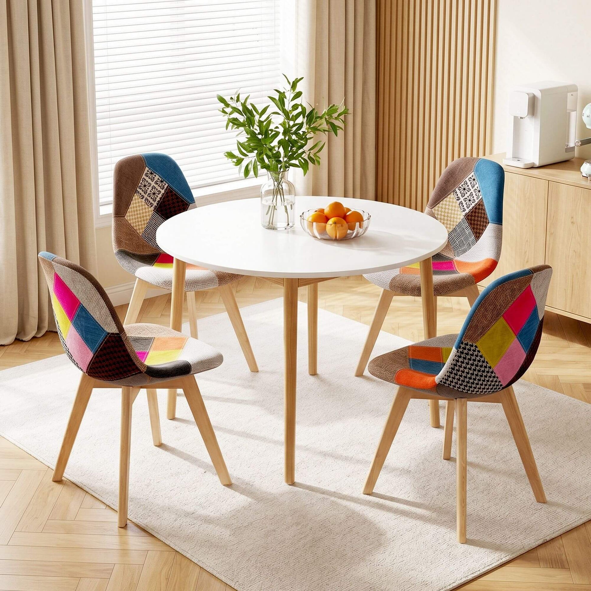 Minerva Cobberas | Multi Colour Fabric Modern White Wooden Round Dining Table Set | White