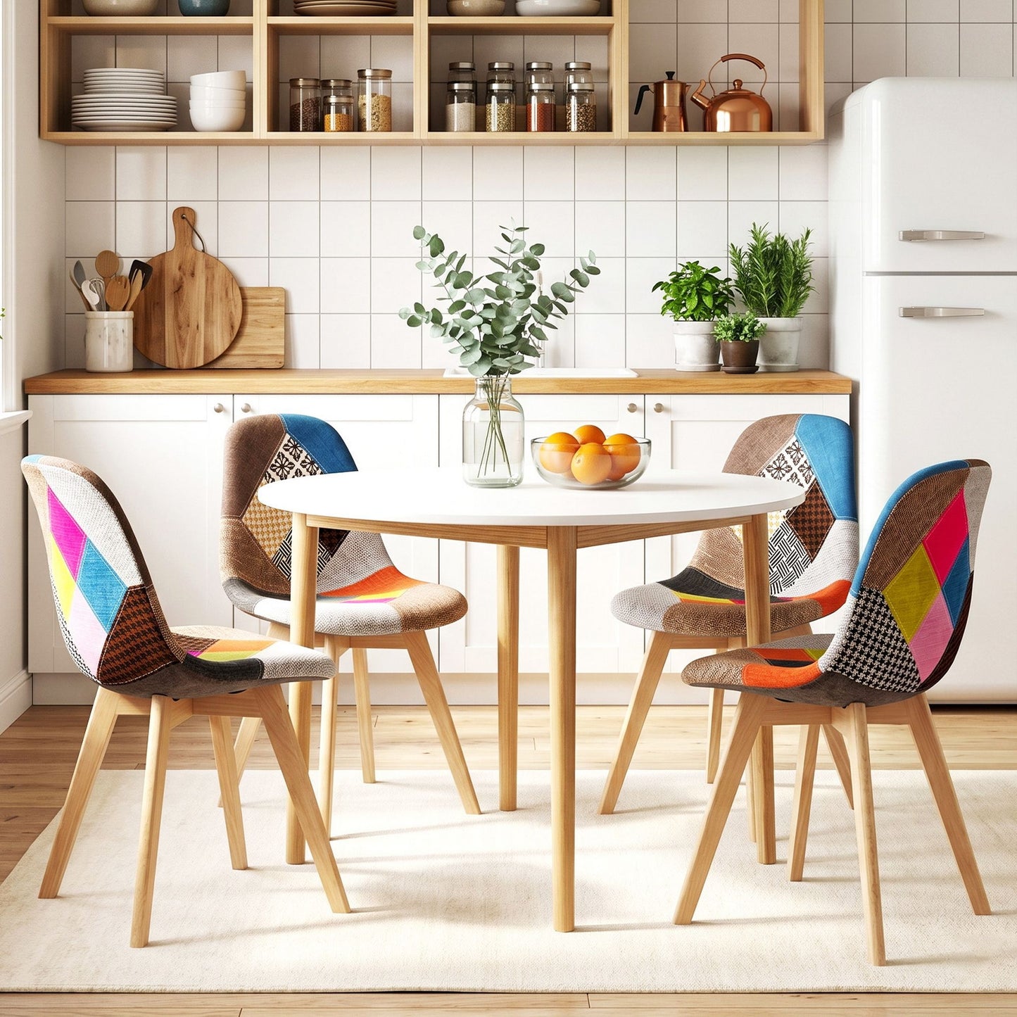 Minerva Cobberas | Multi Colour Fabric Modern White Wooden Round Dining Table Set | White