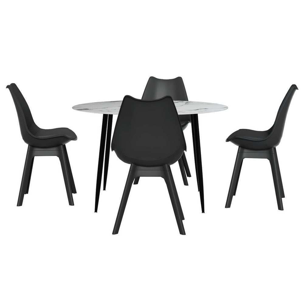 Minerva Waldorf | Modern Metal Black PU Leather Marble Finish 4 Seater Dining Table Set | Black