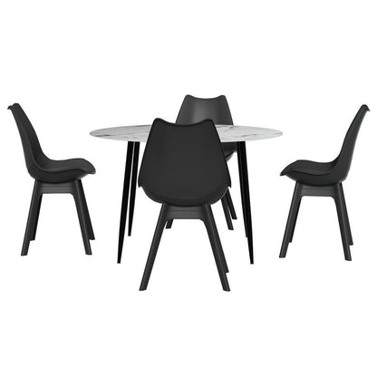 Minerva Waldorf | Modern Metal Black PU Leather Marble Finish 4 Seater Dining Table Set | Black