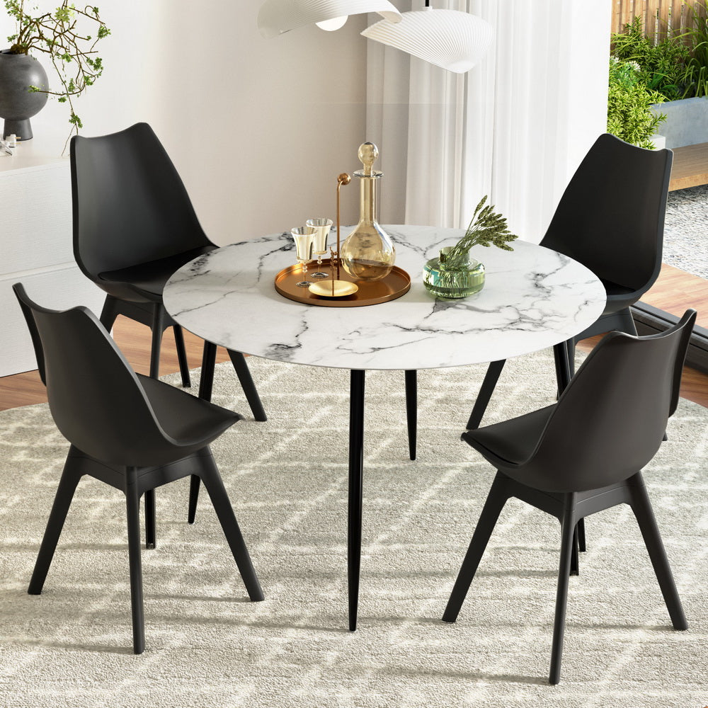 Minerva Waldorf | Modern Metal Black PU Leather Marble Finish 4 Seater Dining Table Set | Black