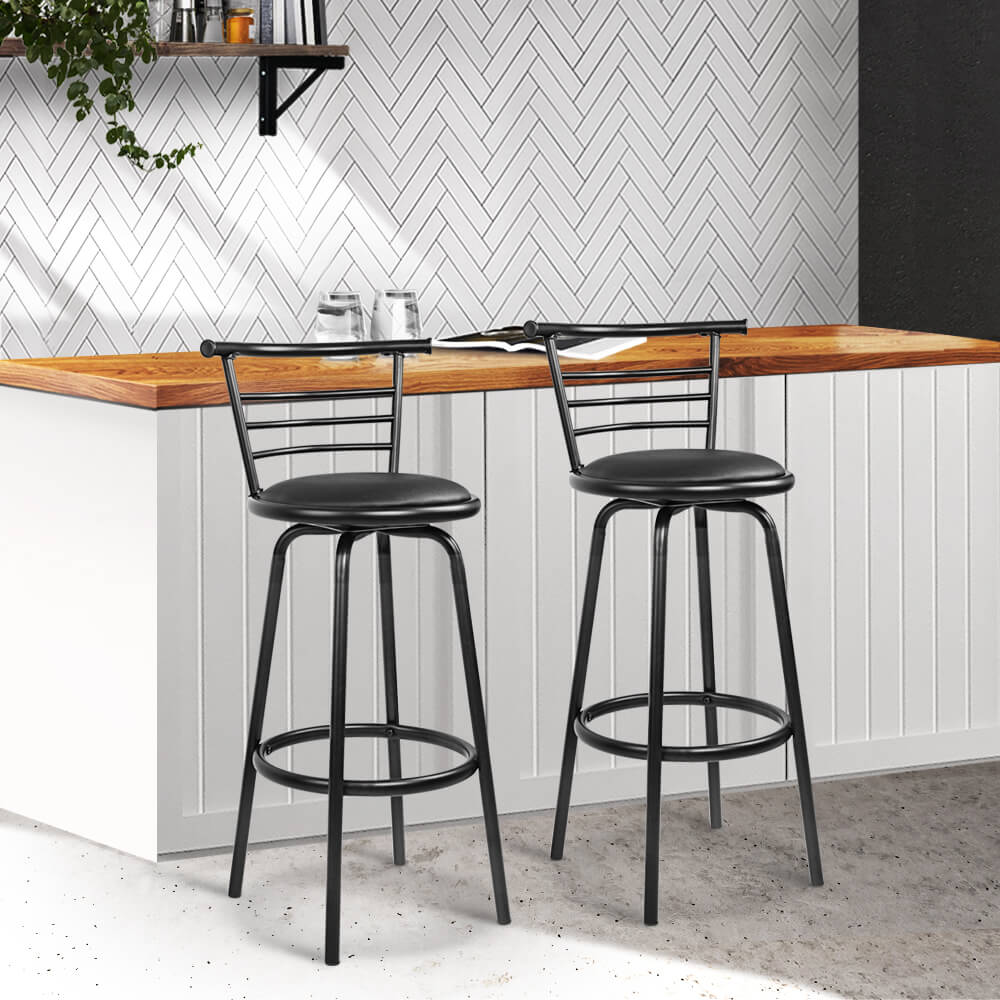 Monarto | Modern Black Metal PU Leather Bar Stools | Set of 2 | Black
