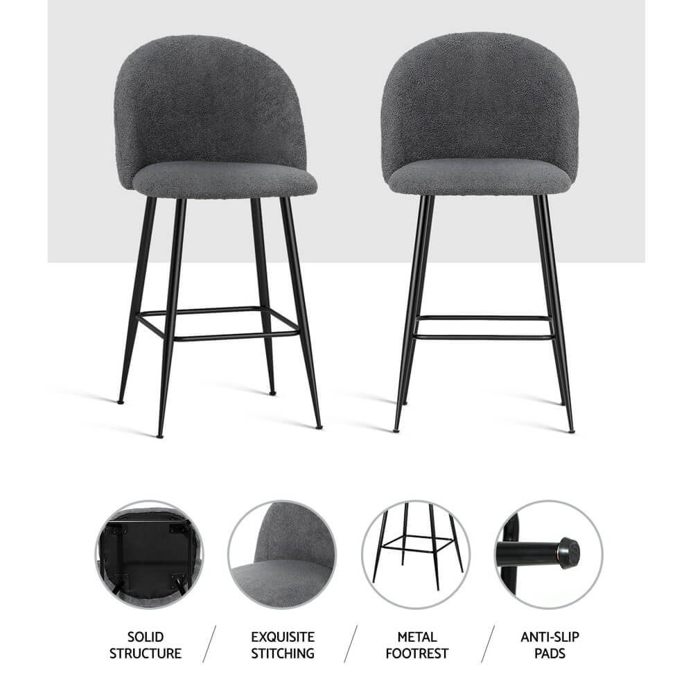Montague | Modern Charcoal Boucle Fabric Bar Stools | Set Of 2 | Charcoal