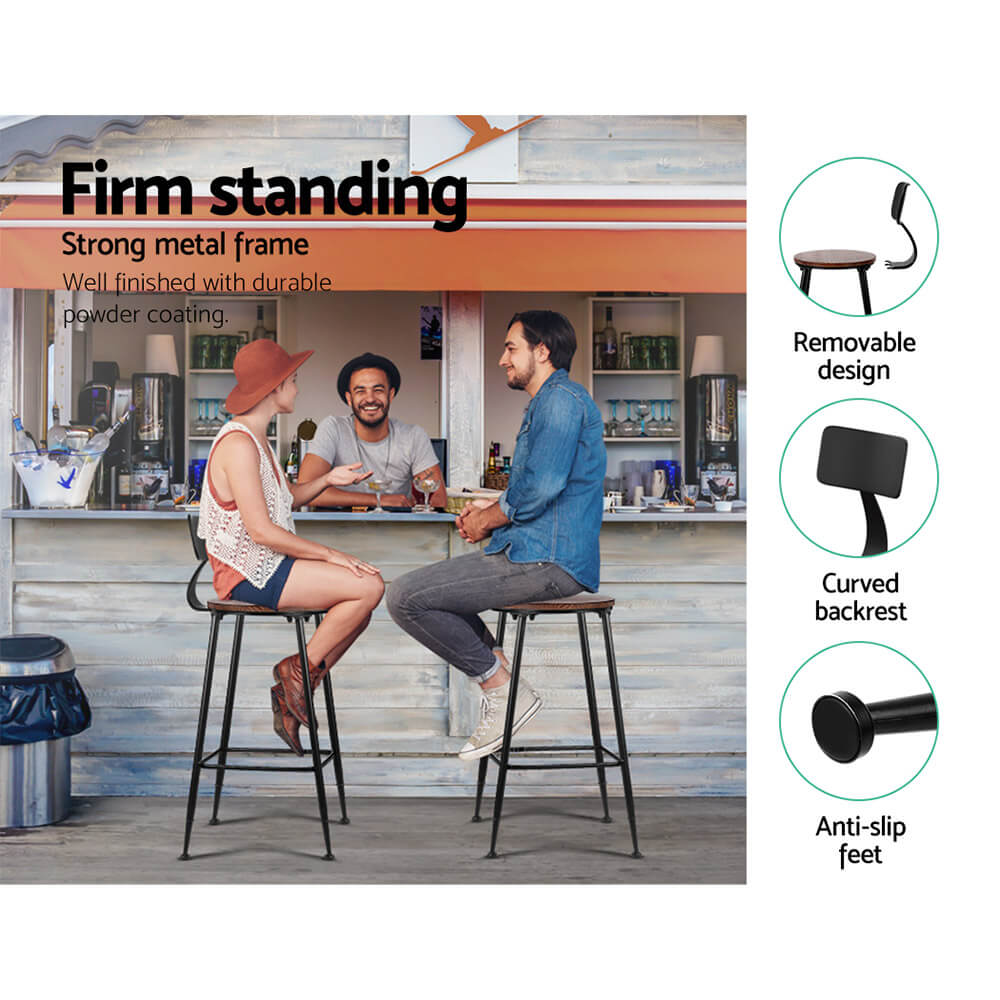 Moroak | Industrial Metal Wooden Bar Stools | Set Of 2 | Dark Brown