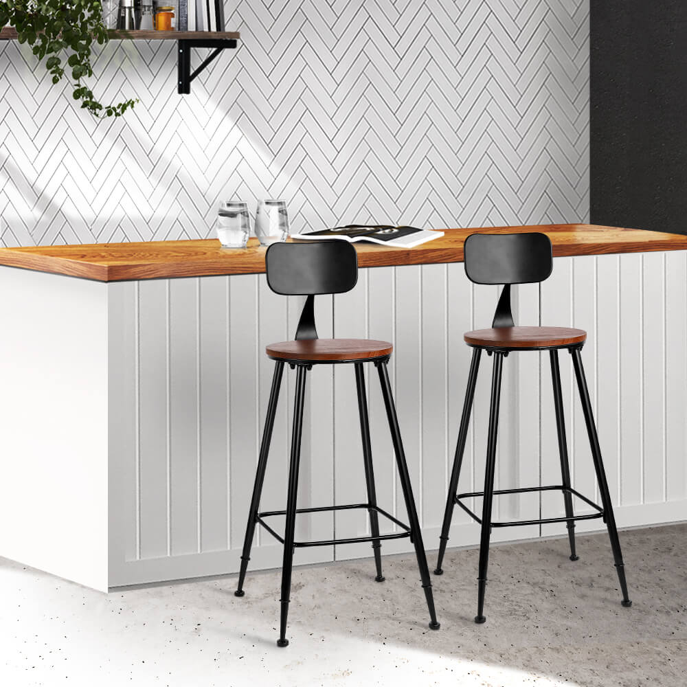 Moroak | Industrial Metal Wooden Bar Stools | Set Of 2 | Dark Brown