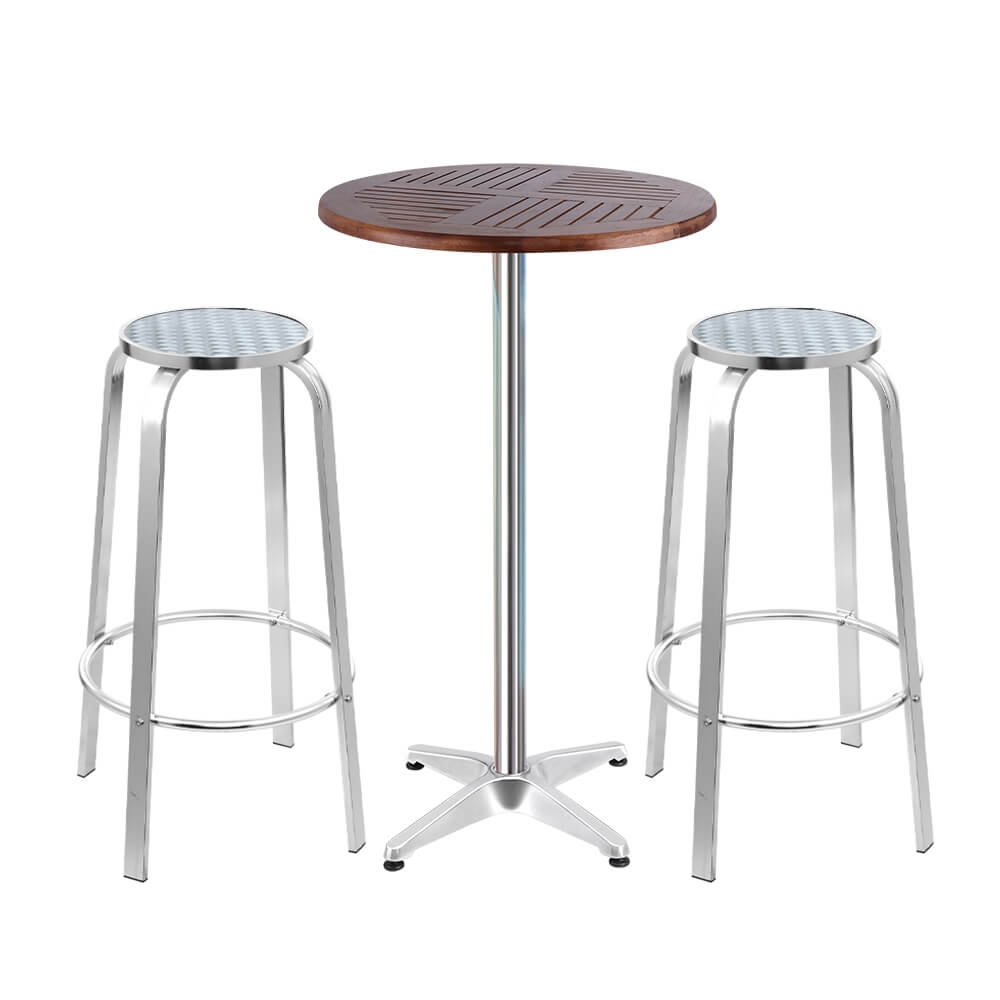 Morrison | Contemporary Silver Metal Outdoor Wooden Round Bar Stool Set | Silver