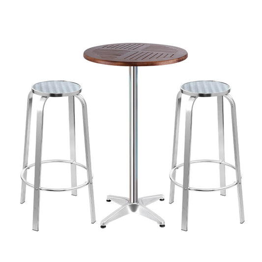 Morrison | Contemporary Silver Metal Outdoor Wooden Round Bar Stool Set | Silver