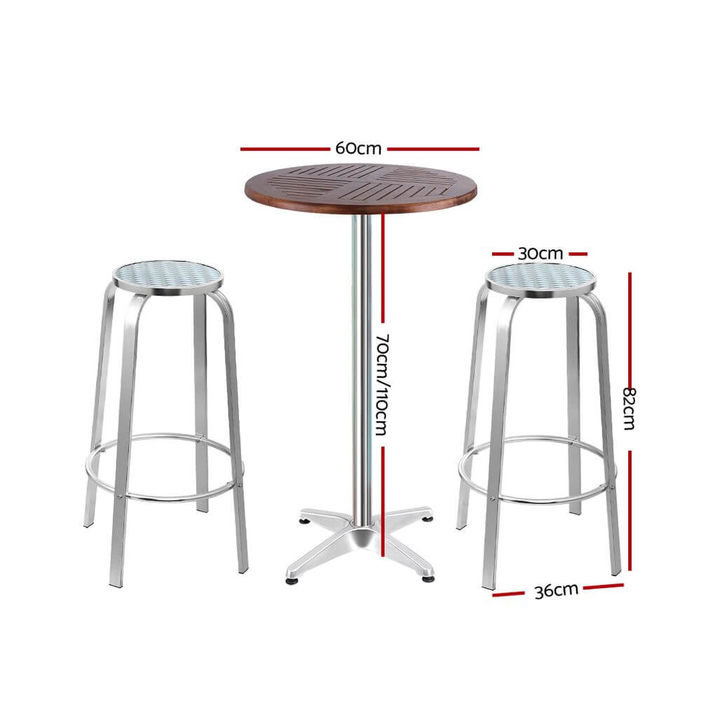 Morrison | Contemporary Silver Metal Outdoor Wooden Round Bar Stool Set | Silver