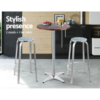 Morrison | Contemporary Silver Metal Outdoor Wooden Round Bar Stool Set | Silver