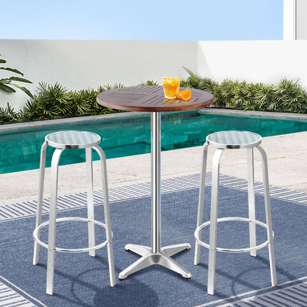 Morrison | Contemporary Silver Metal Outdoor Wooden Round Bar Stool Set | Silver