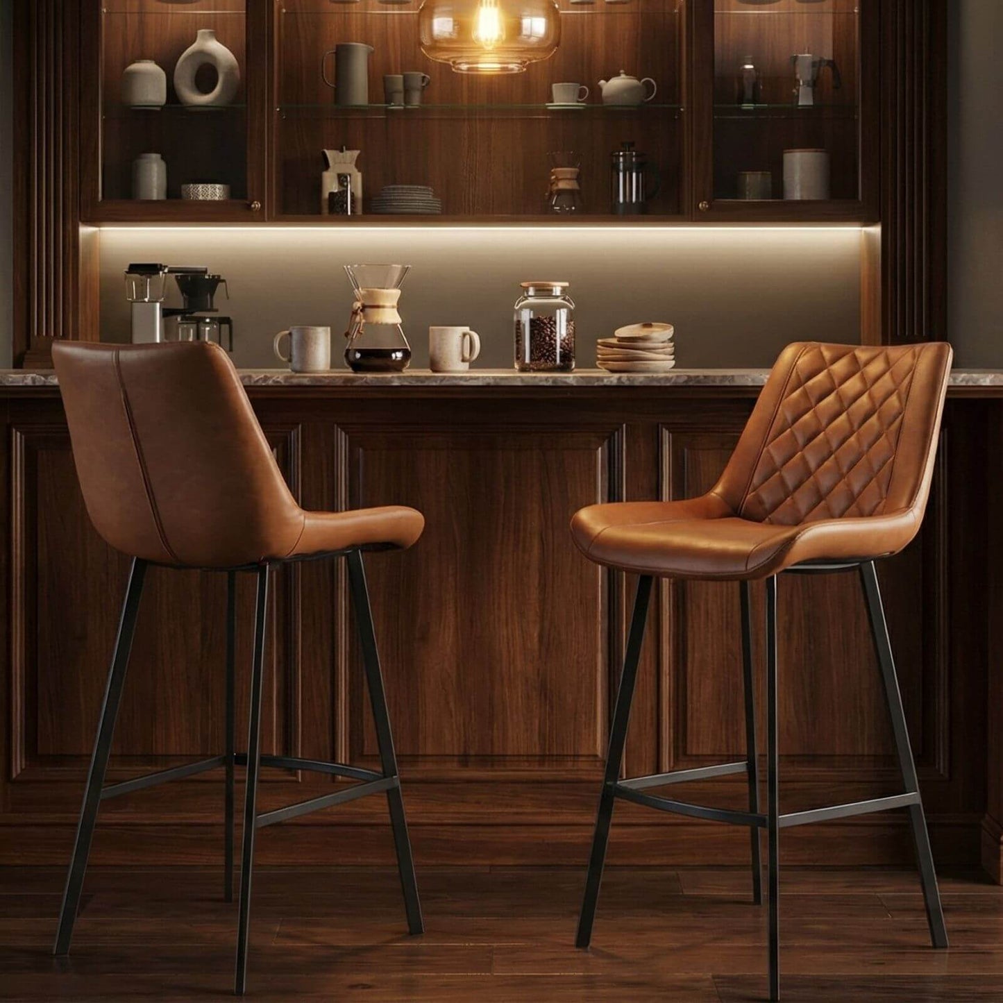 Murchison | Modern Ultra Suede Upholstered Bar Stools | Set Of 2 | Antique Cognac