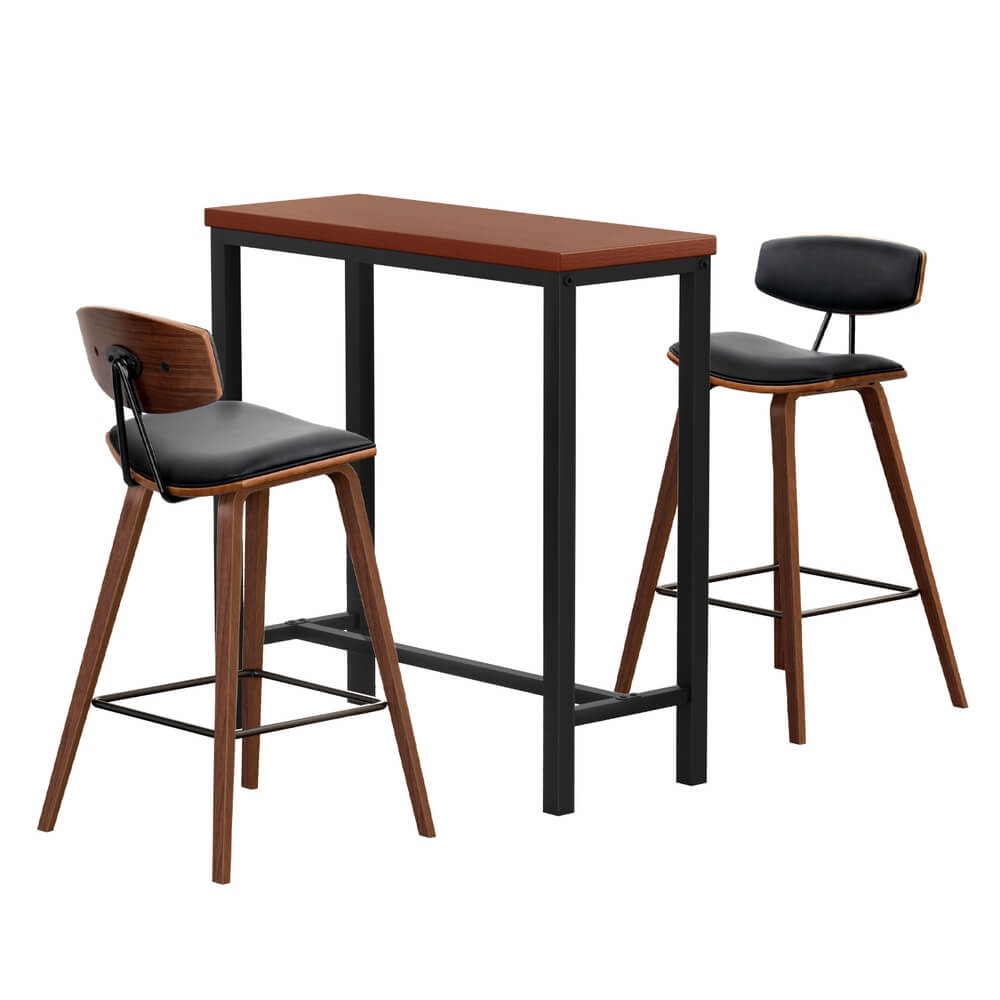 Noble Kew | Industrial Black PU Leather Wooden Rectangular Wooden Bar Stool Table Set | Brown