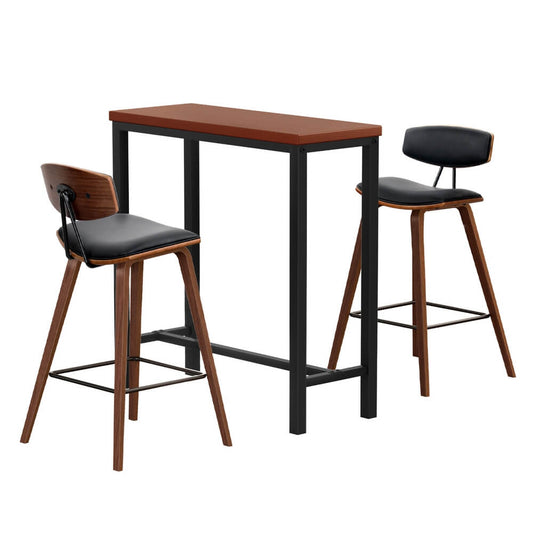 Noble Kew | Industrial Black PU Leather Wooden Rectangular Wooden Bar Stool Table Set | Brown