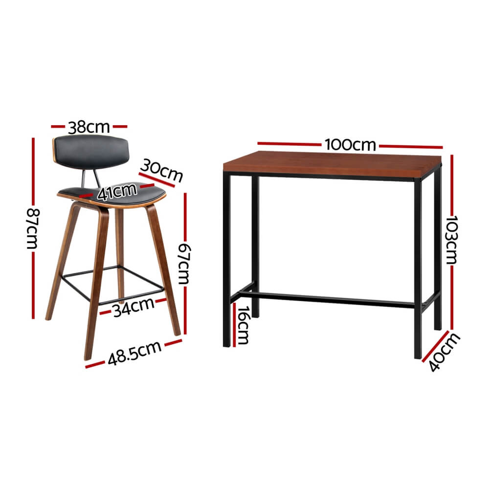 Noble Kew | Industrial Black PU Leather Wooden Rectangular Wooden Bar Stool Table Set