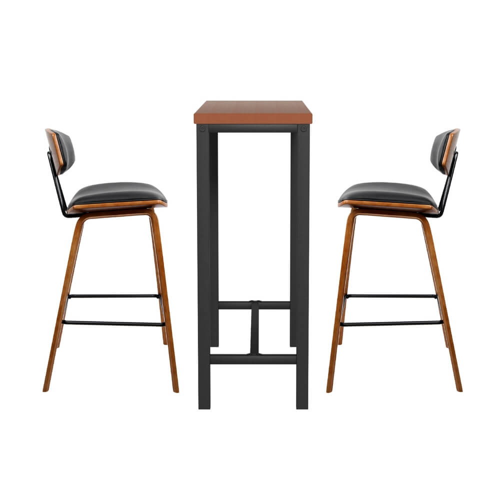 Noble Kew | Industrial Black PU Leather Wooden Rectangular Wooden Bar Stool Table Set | Brown