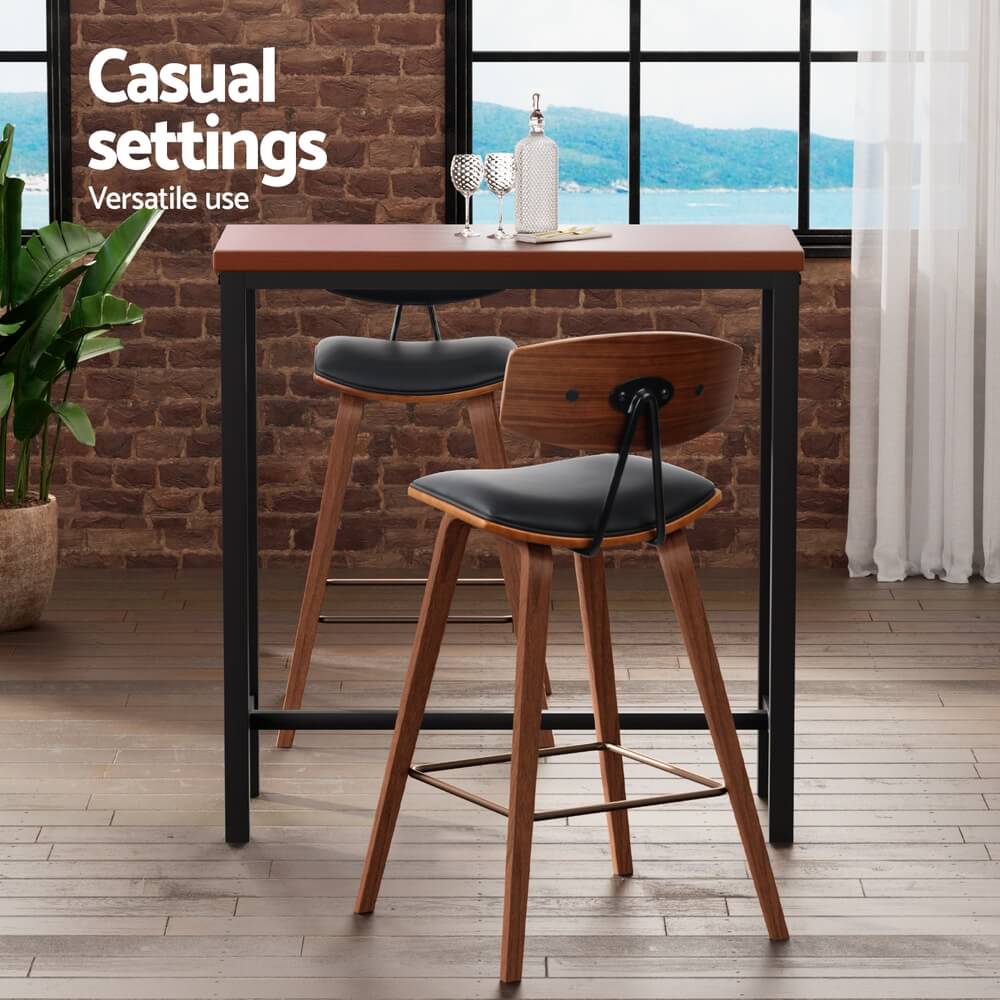 Noble Kew | Industrial Black PU Leather Wooden Rectangular Wooden Bar Stool Table Set | Brown