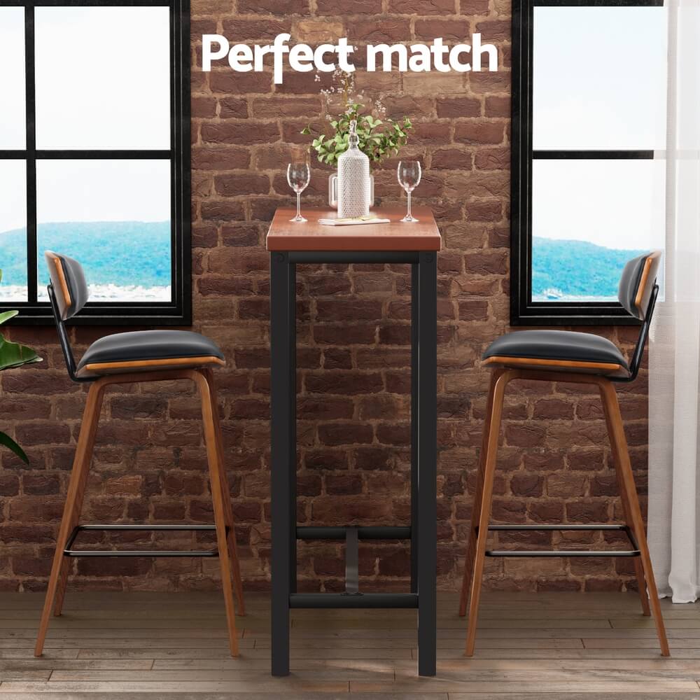 Noble Kew | Industrial Black PU Leather Wooden Rectangular Wooden Bar Stool Table Set | Brown