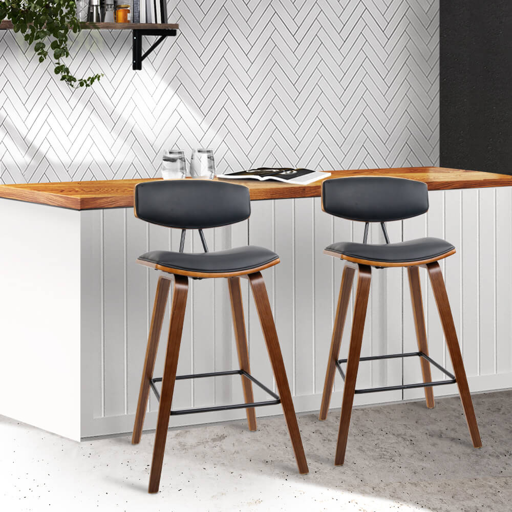 Noble | Modern Black PU Leather Wooden Bar Stools | Set Of 2 | Black