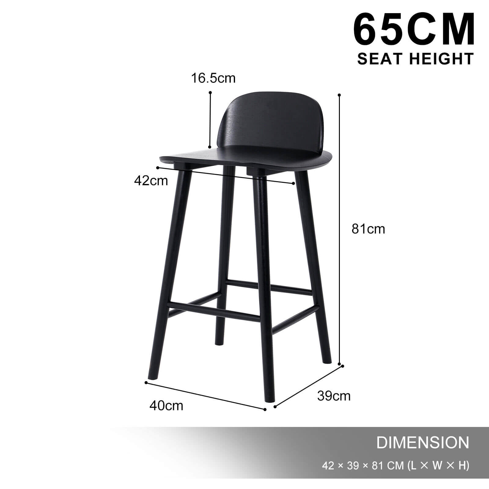 Black Modern Scandinavian Style 65cm Wooden Bar Stools | Black