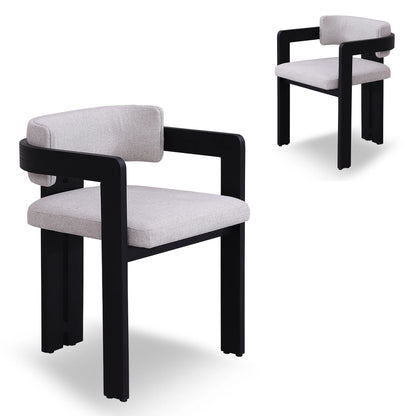 Oxley | Coastal Stone Beige Fabric Black Natural Wooden Dining Chairs With Arms | Set Of 2 | Black