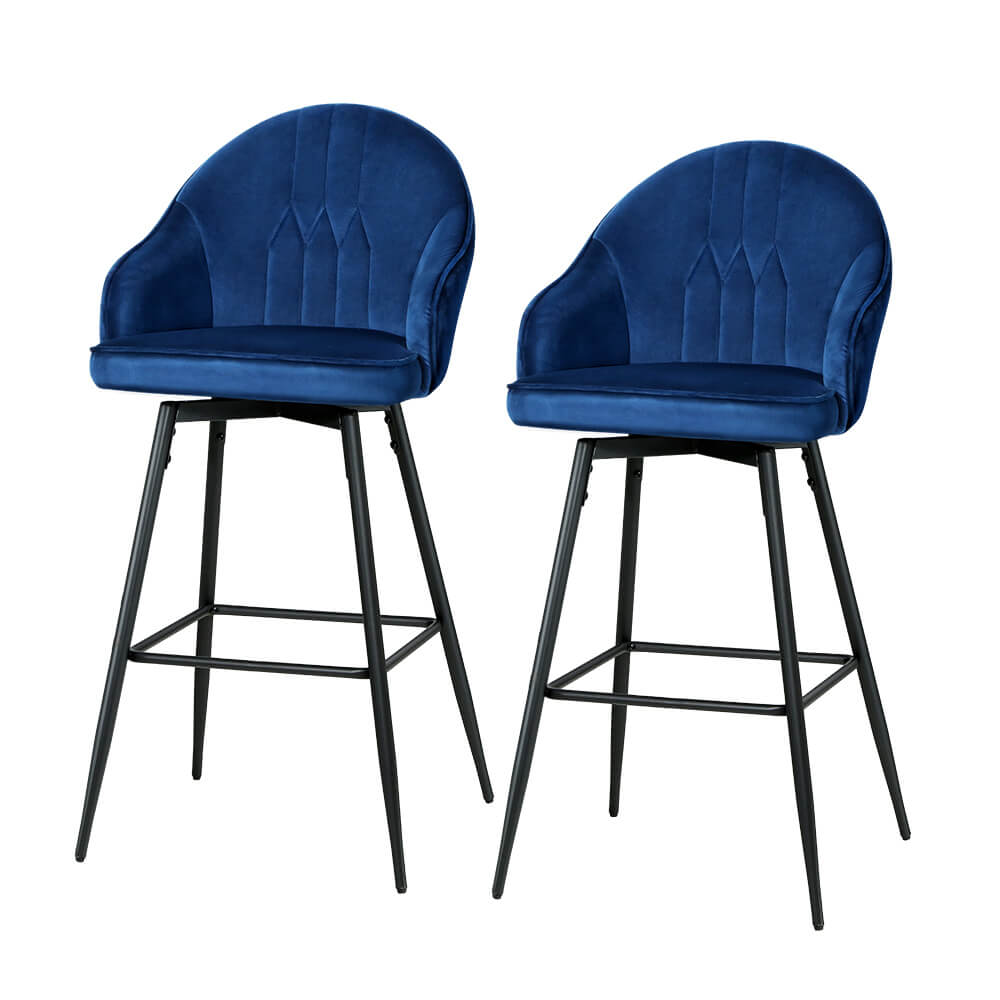 Preston | Modern Metal Blue Velvet Bar Stools | Set Of 2 | Blue