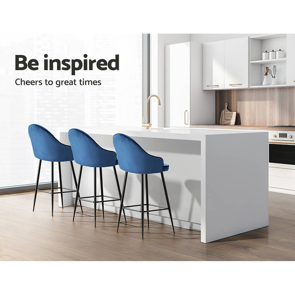Preston | Modern Metal Blue Velvet Bar Stools | Set Of 2 | Blue