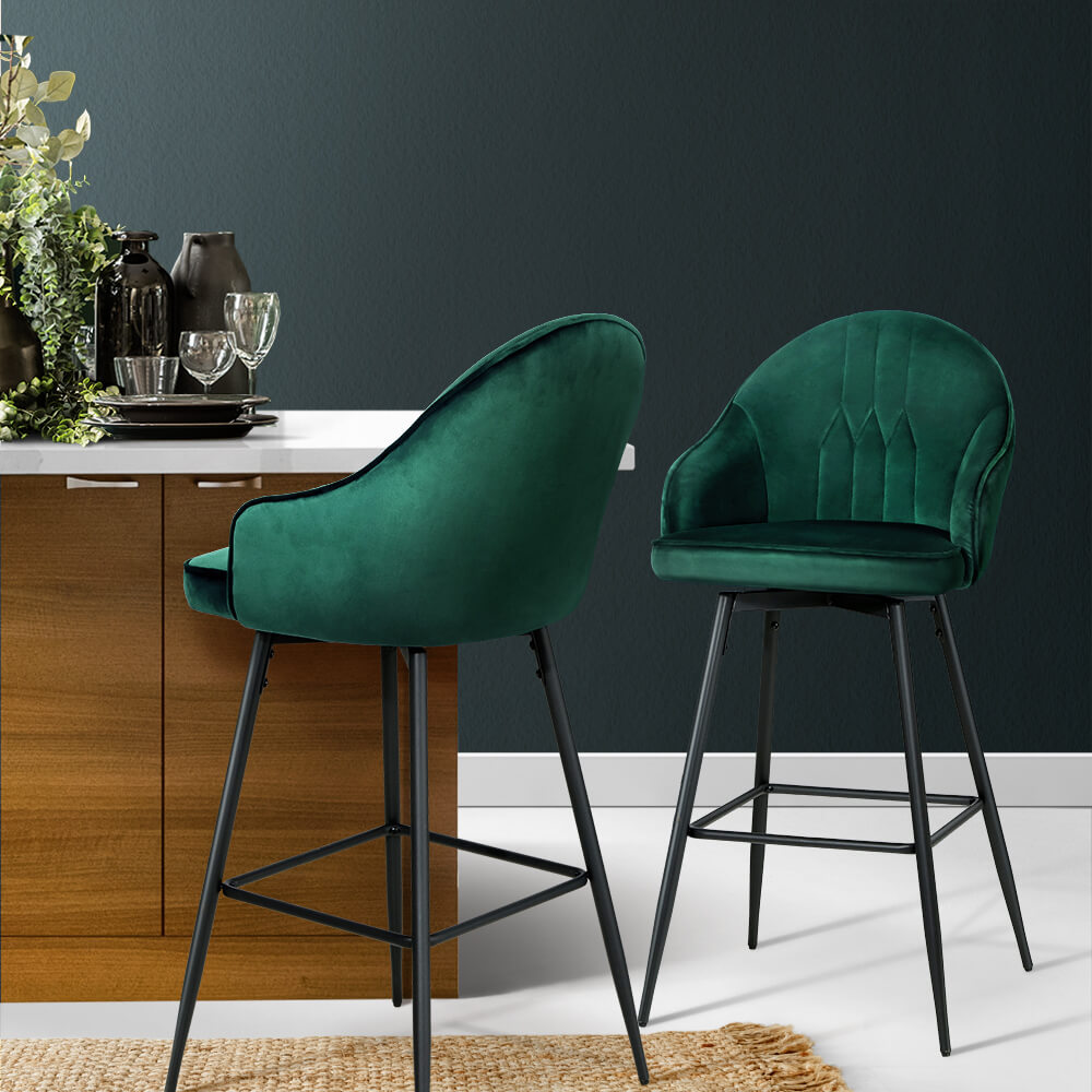 Modern Metal Green Velvet Bar Stools