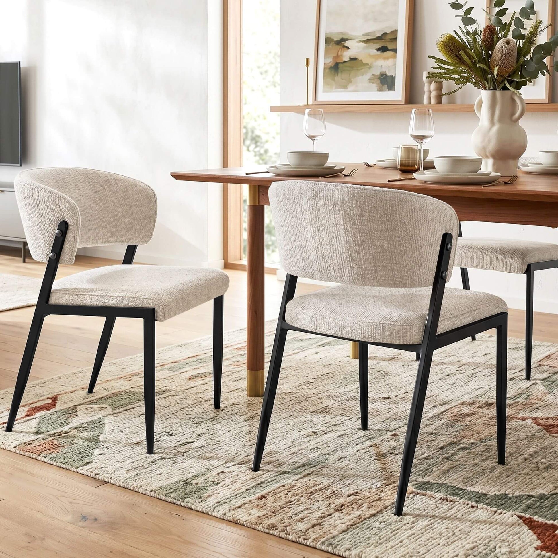 Regency | Grey Mustard Beige Linen Fabric Wooden Dining Chairs | Set Of 2