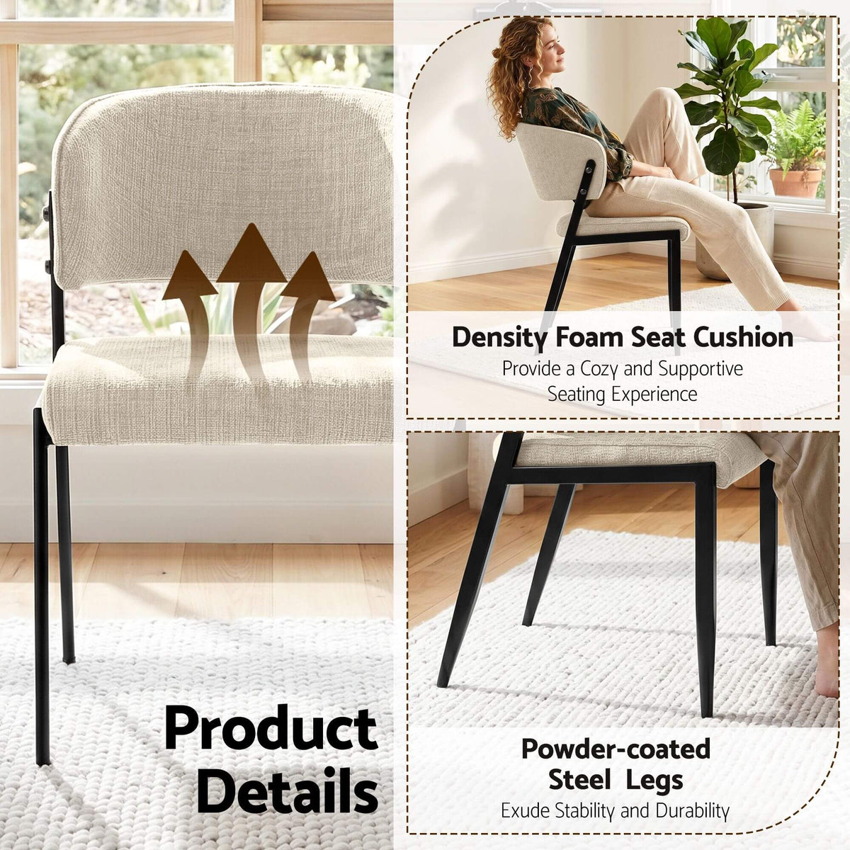 Regency | Grey Mustard Beige Linen Fabric Wooden Dining Chairs | Set Of 2 | Beige