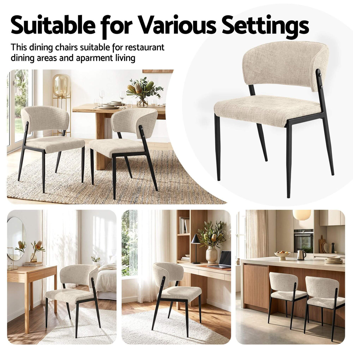 Regency | Grey Mustard Beige Linen Fabric Wooden Dining Chairs | Set Of 2 | Beige
