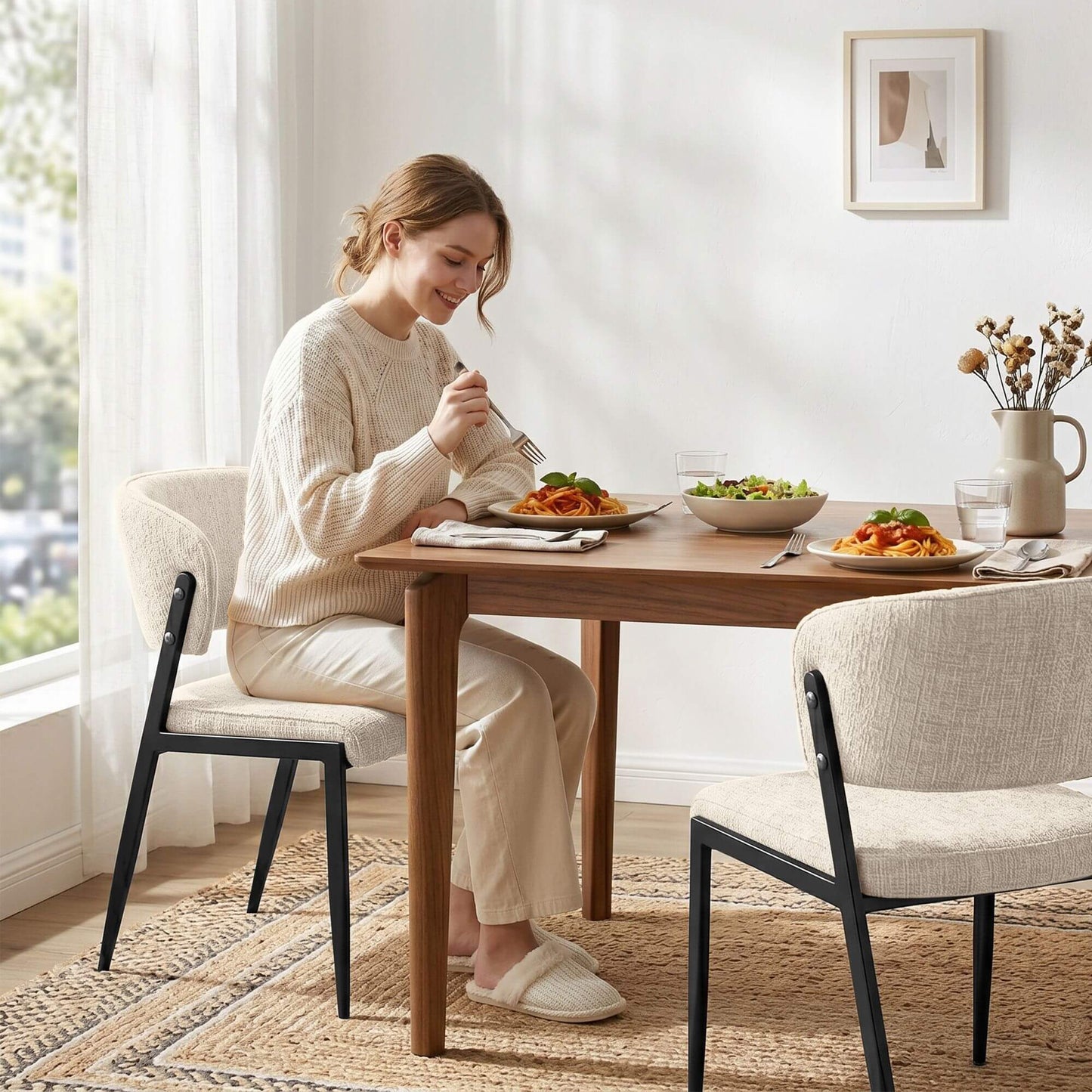 Regency | Grey Mustard Beige Linen Fabric Wooden Dining Chairs | Set Of 2 | Beige