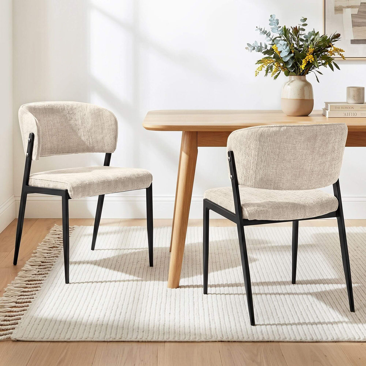 Regency | Grey Mustard Beige Linen Fabric Wooden Dining Chairs | Set Of 2 | Beige